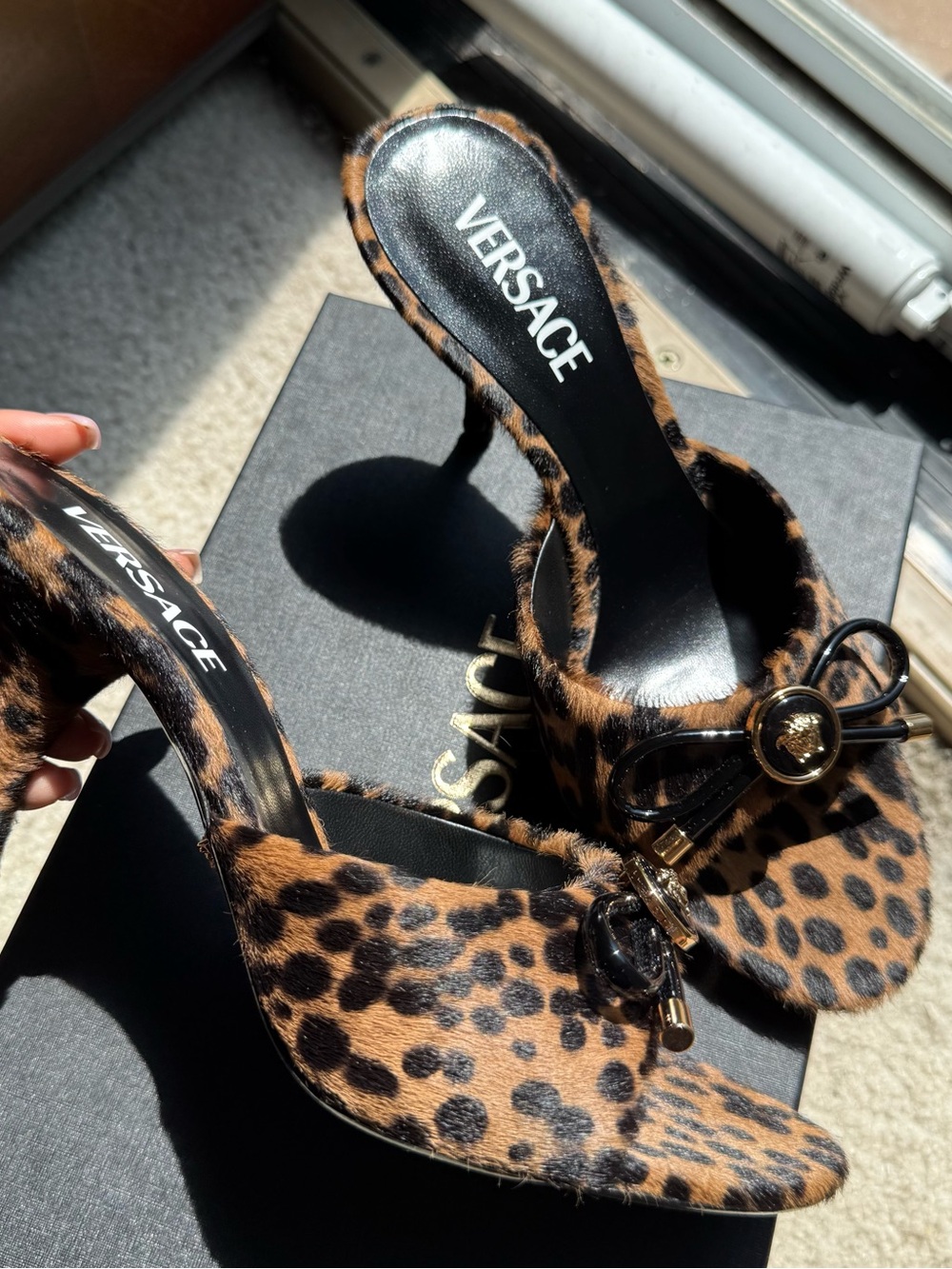 Versace Opera Bow Leopard Shearling Mules
